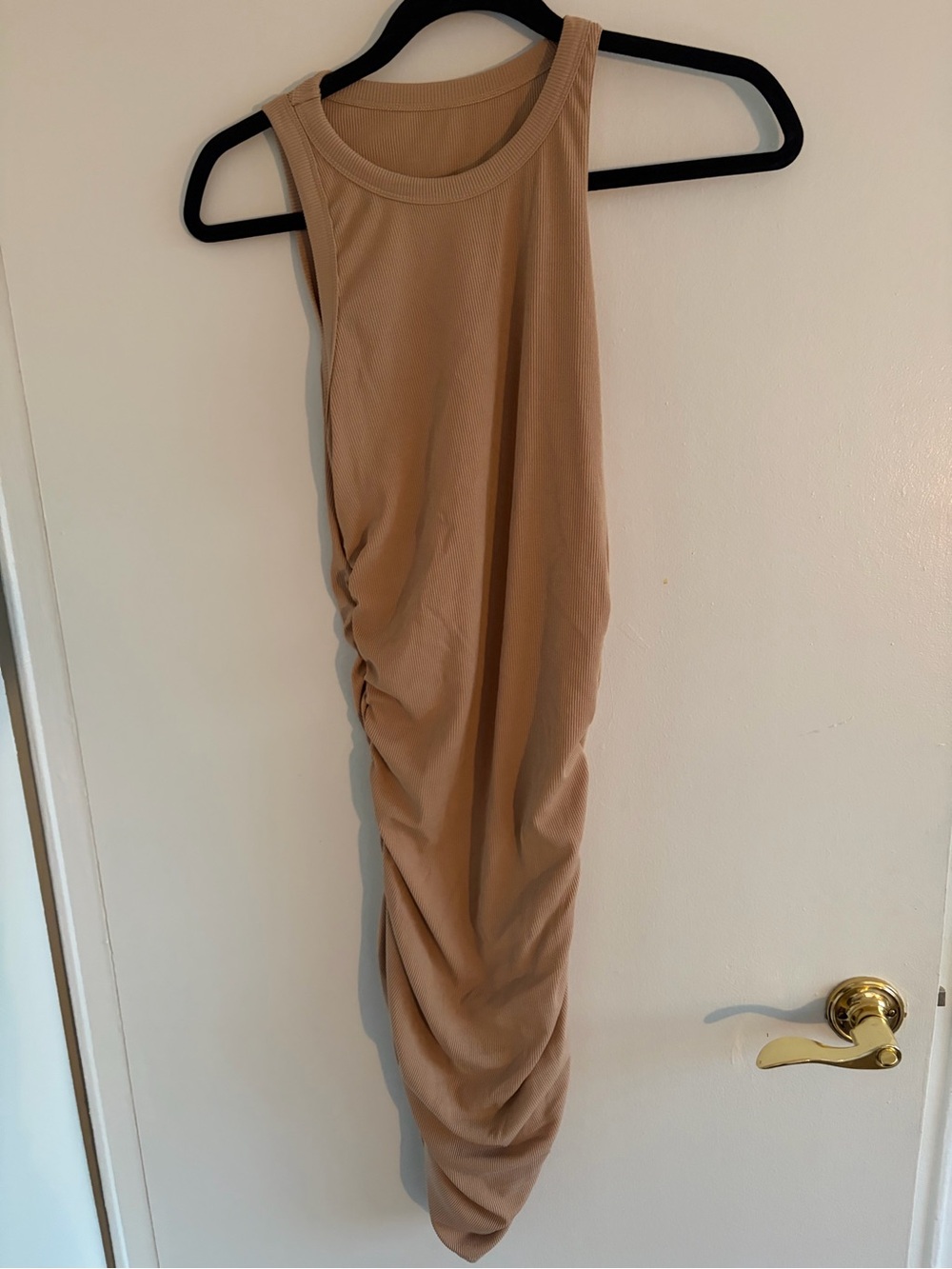 Amazon Sleeveless Ruched Midi Dress in Tan